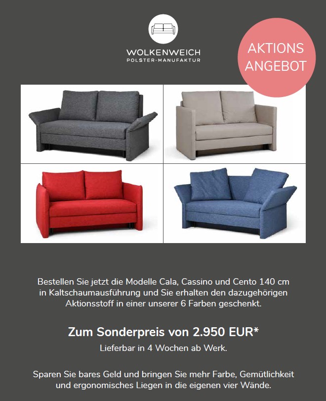 % Aktionsangebot Schlafsofa Cala, Cassino oder Cento von Wolkenweich