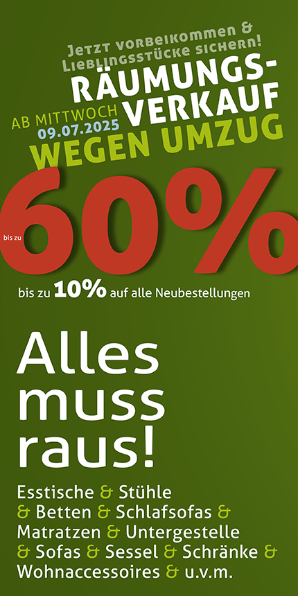 Alles muss raus! Bis zu 60%!